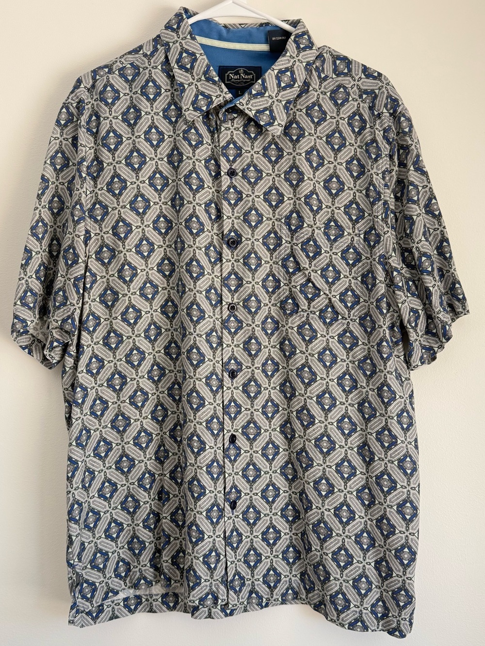 Nat Nast Geometric Blue Short Sleeve Dress Shirt Silk Blend Size Large